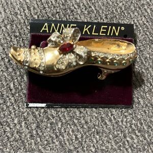 Anne Klein Gold High Heel Brooch with Red and Green Stones